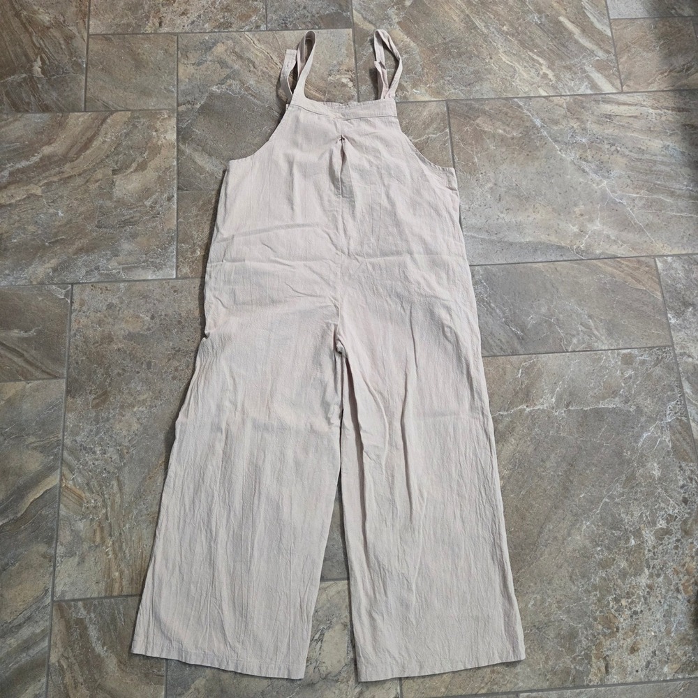 Womens Cotton Wide Leg Overalls Beige Neutral Relaxed Fit Bib Jumpsuit Large - Picture 7 of 9